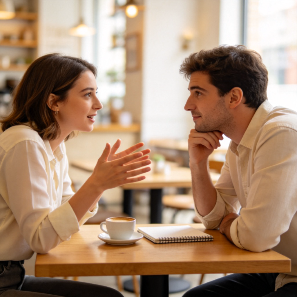 Two people sitting at a cafe table, facing each other, engaged in a friendly discussion. One person is gesturing with their hands while speaking, the other is listening thoughtfully. Soft natural lighting, focus on their expressions and the conversation. No text.