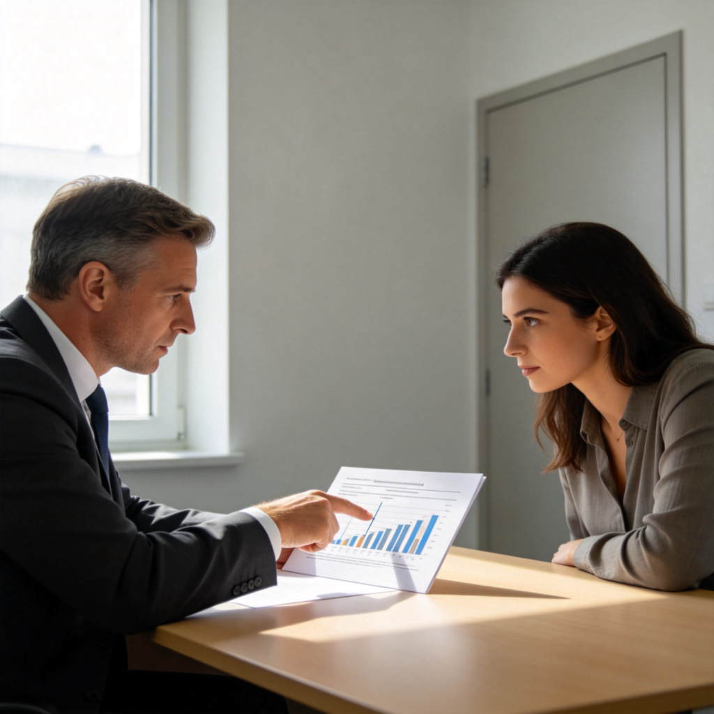 A professional, such as a doctor or lawyer, in a modern office, presenting a document or chart to a client. The professional is pointing at a key point on the document, the client is looking attentively. Clean, professional background. No text.