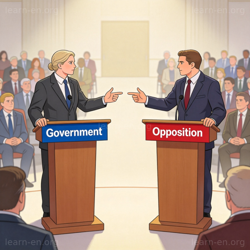 opposition 图解：政治辩论中政府与反对派对峙场景