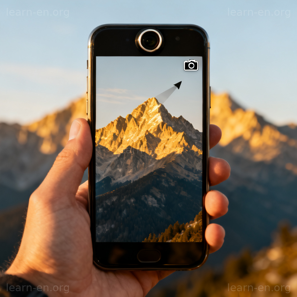 Optical technology example: smartphone camera zooming into a detailed mountain image.