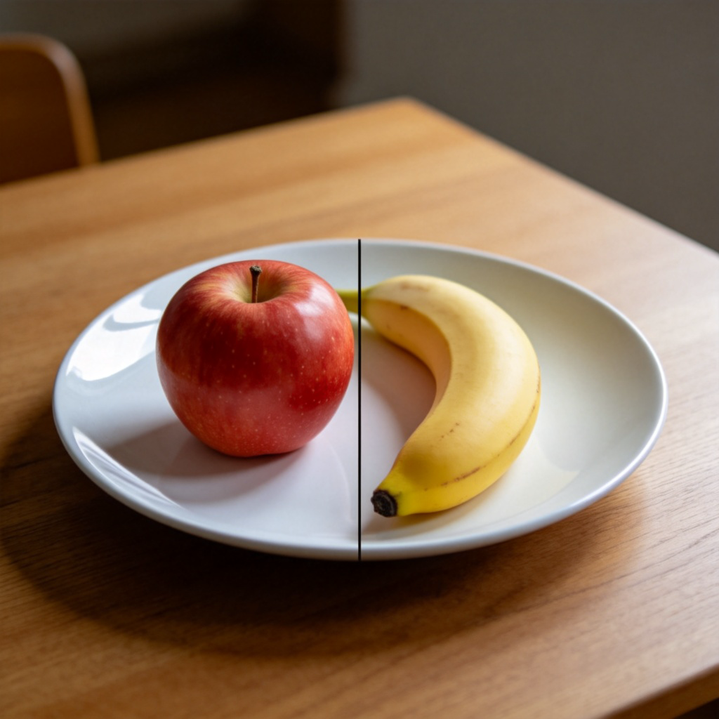A simple wooden tabletop with a white plate in the center. On the plate, there are two distinct food items placed side by side with a small gap between them: a red apple on the left and a yellow banana on the right. The lighting is clear and neutral, focusing on the choice between the two fruits. No text, no people.