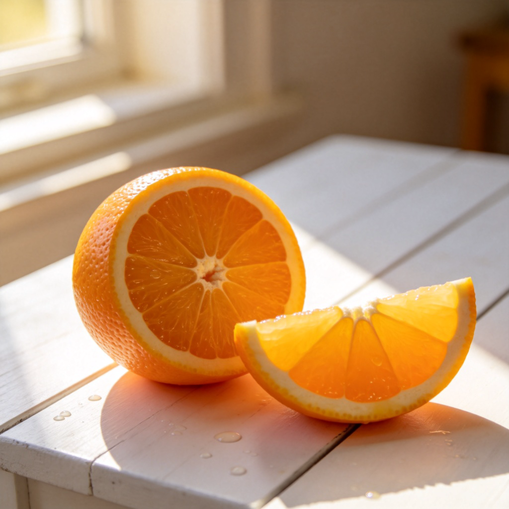 A close-up photo of a bright, fresh orange that has been cut in half on a clean, white wooden table. One half is whole, showing the dimpled peel, and the other half is sliced open, revealing the juicy, segmented flesh inside. Natural morning light from a window. No text.
