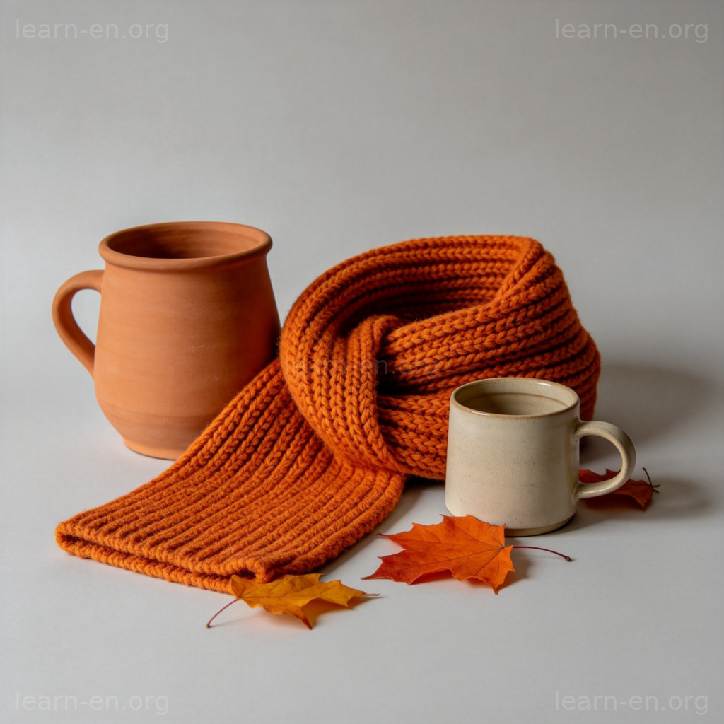 A collection of various objects all in different shades of orange, neatly arranged on a light grey background. Items include a clay pot, a knitted scarf, a ceramic mug, and a few autumn leaves. The composition is simple and clean, with soft, even lighting that clearly shows the color. No text.