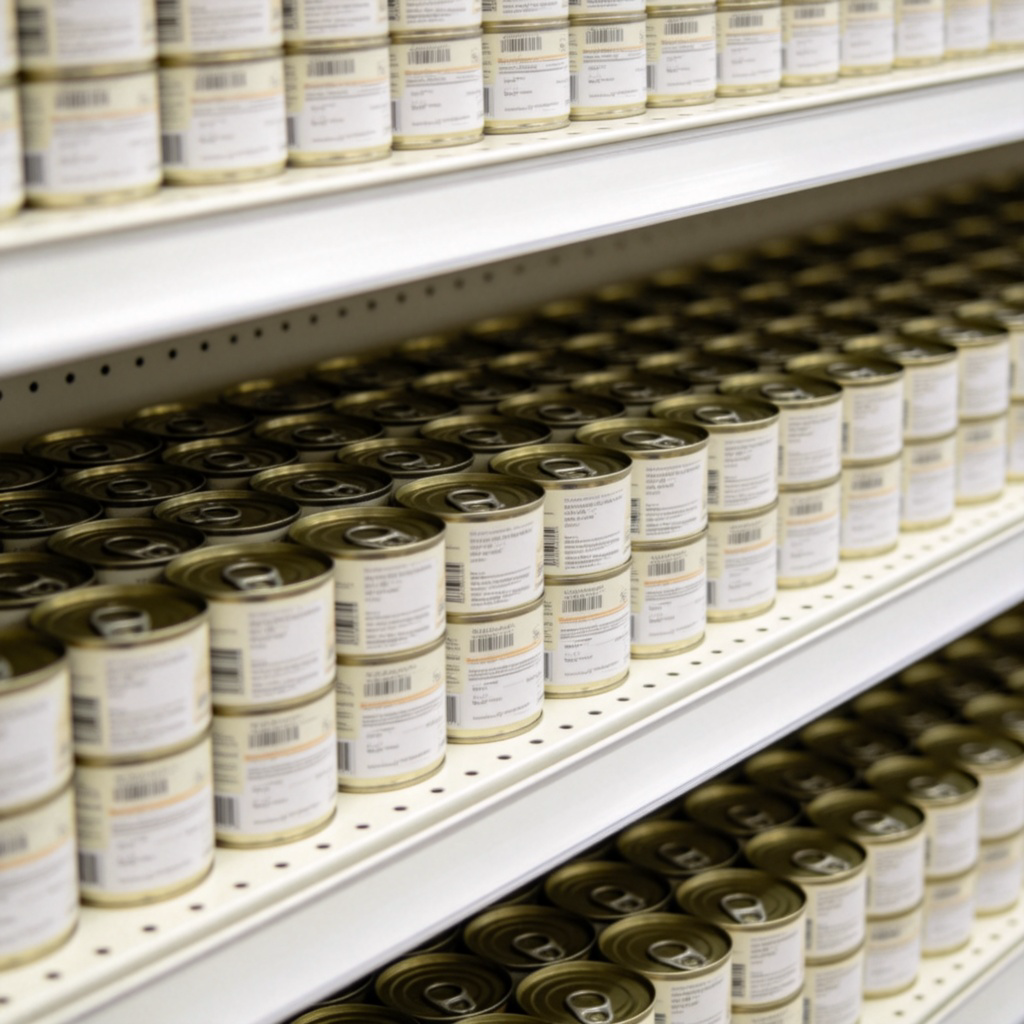 A close-up view of a supermarket shelf with rows of identical canned goods perfectly aligned, forming neat horizontal and vertical lines. The labels all face forward. Soft, even lighting, clean background. No people, no text.