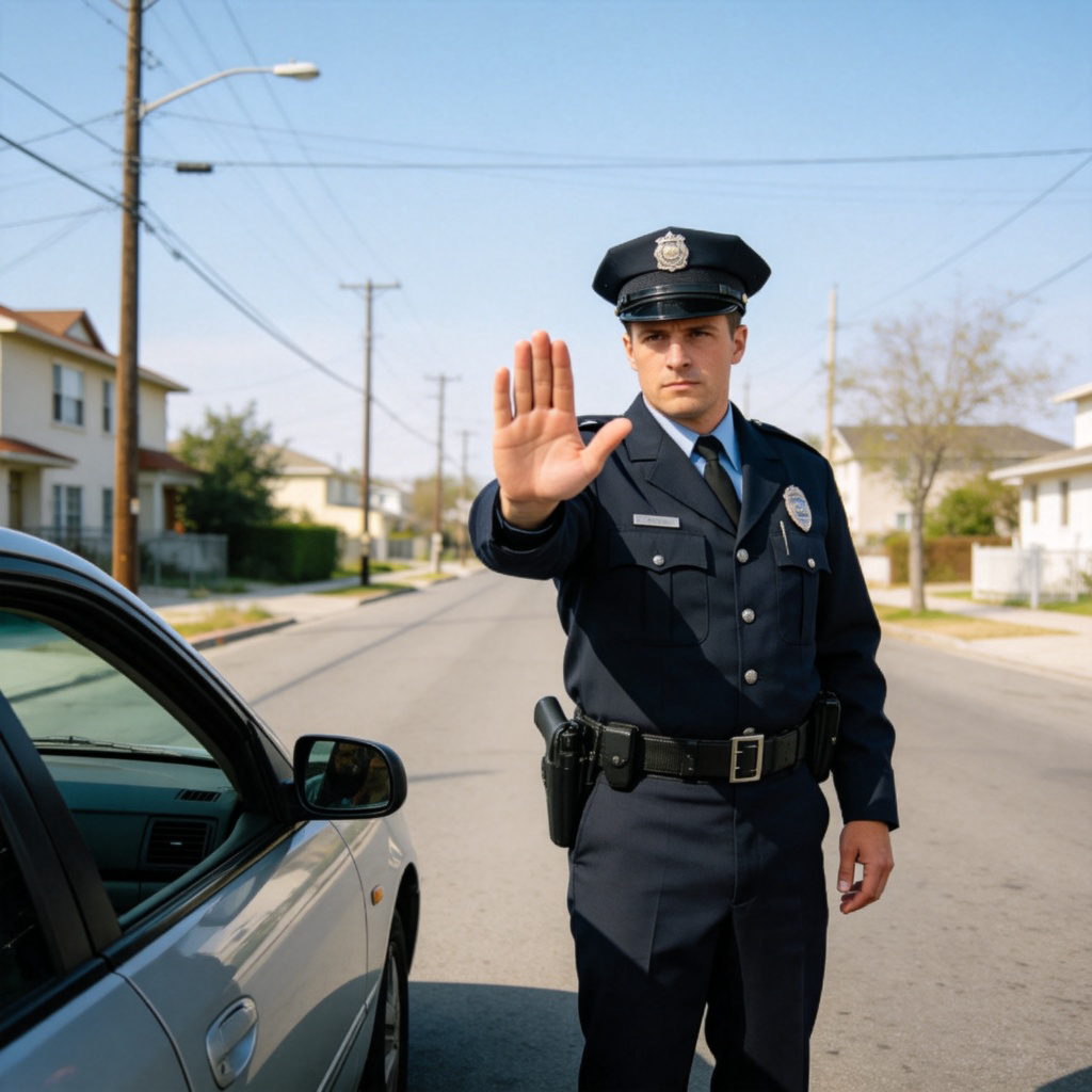 A determined-looking police officer in uniform, standing on a quiet street, holding up a hand with a clear "stop" gesture towards a car. Daylight, simple urban background. Focus on the officer's authoritative posture and gesture. No text.