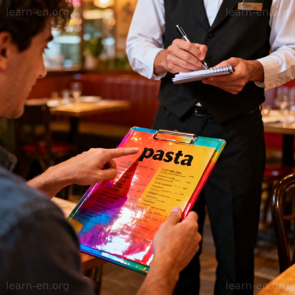 Person ordering pasta from waiter at restaurant menu