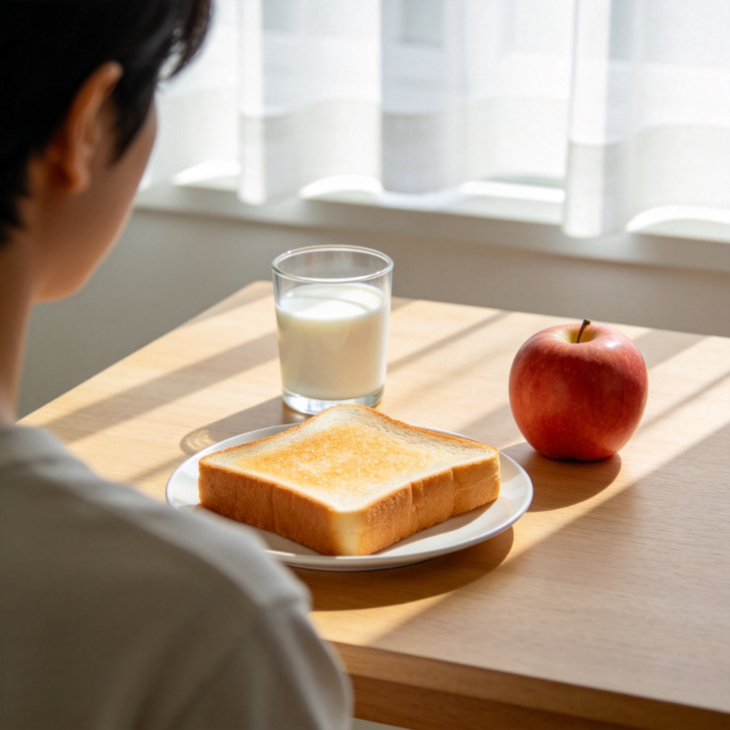 A person sitting at a simple kitchen table in the morning. On the table is an ordinary breakfast: a slice of toast, a glass of milk, and a piece of fruit. Daylight from a window, clean and simple background. Focus on the everyday meal.