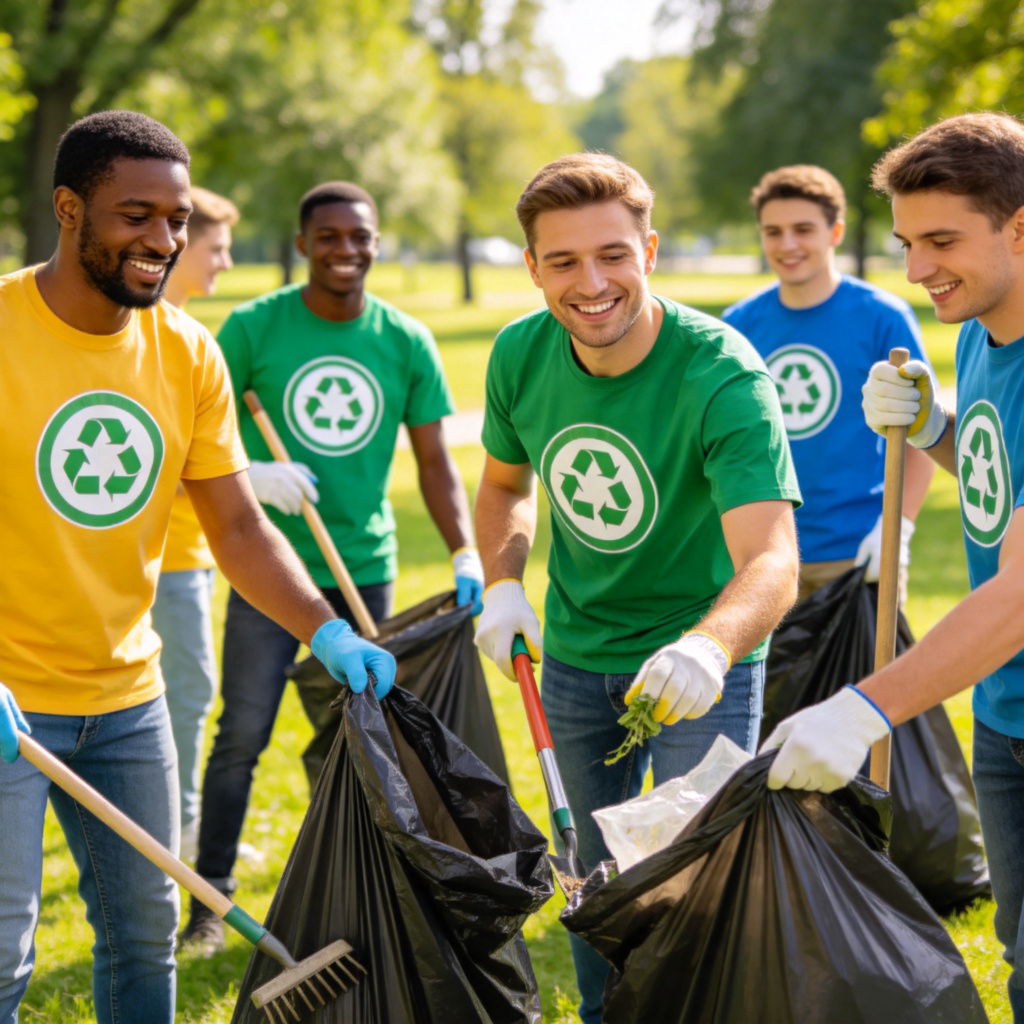 A diverse group of volunteers wearing matching t-shirts with a logo, working together to clean up a park. They are holding bags and tools, smiling and cooperating. Bright daylight, clear focus on the team and their activity. No text.