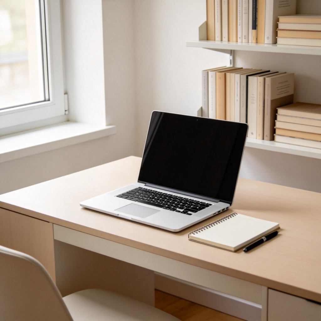 A perfectly tidy home office desk. A laptop is centered, a notebook and pen are neatly aligned next to it, and books are stacked upright on a shelf. Everything has its designated place. Clean, minimalist style with natural light. No text.