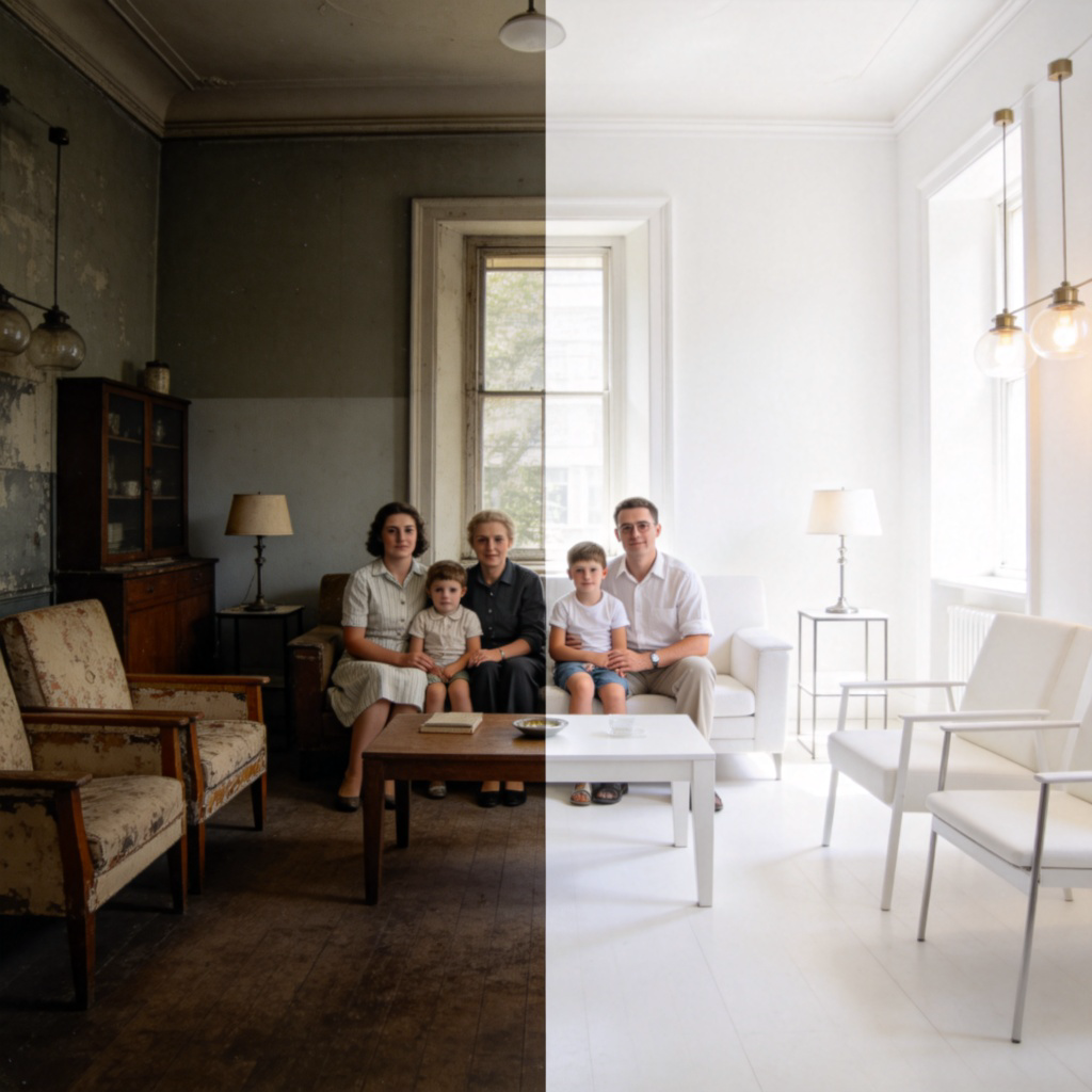 A split-screen image. On the left, a faded, older photograph of a family sitting in a living room with old furniture. On the right, the exact same room brightly lit and newly renovated with modern furniture. The comparison visually shows how the place looked originally versus now. Clean, clear, and well-lit. No text.