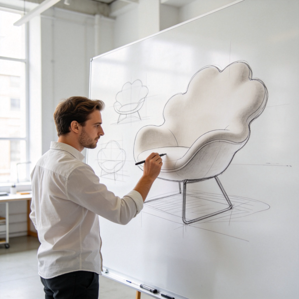 A product designer stands before a large whiteboard, sketching a unique concept for a chair that looks unlike any conventional design-perhaps it resembles a floating cloud or an organic shape. The scene focuses on the moment of original creation. Well-lit modern studio. No text.