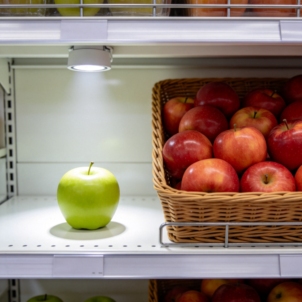 A supermarket shelf with two distinct groups of items. On the left, a single green apple sits alone in a spotlight. On the right, clearly separated, a basket filled with many other red apples. The focus is on the contrast between the single ‘known’ apple and the group of ‘other’ apples. Clean, well-lit grocery store background. Photorealistic style.