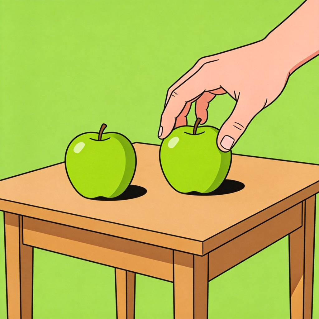 A simple wooden table with two identical, bright green apples. A person's hand is reaching out and picking up one of the apples. The other apple remains alone on the table, clearly being 'the other' one. Minimalist setting, sharp focus on the two apples and the action. Clear, illustrative style.
