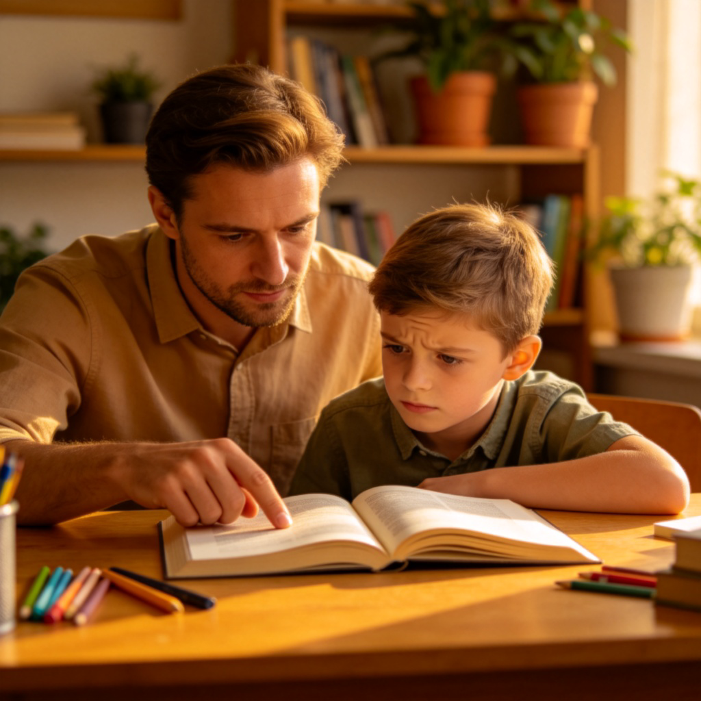 A kind parent sitting next to a child at a desk, pointing to an open textbook. The child looks thoughtful. The scene suggests guidance and responsibility. Warm lighting in a cozy home setting. No text.