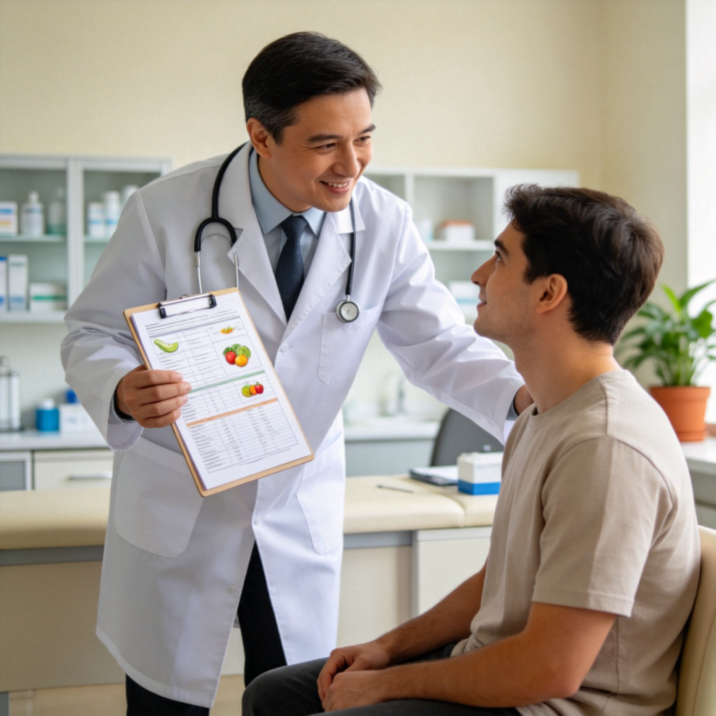 A friendly doctor in a clinic, holding a chart and kindly suggesting to a patient to eat more fruits and vegetables. The patient is listening attentively. Clean, professional medical environment. No text.