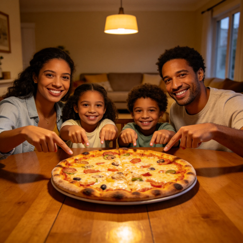 A happy, diverse family of four sitting around a dining table at home. They are all smiling and pointing towards the center of the table where a large pizza sits. The focus is on their shared gesture and the food, conveying a sense of common possession and joy. Warm indoor lighting, realistic style. No text.