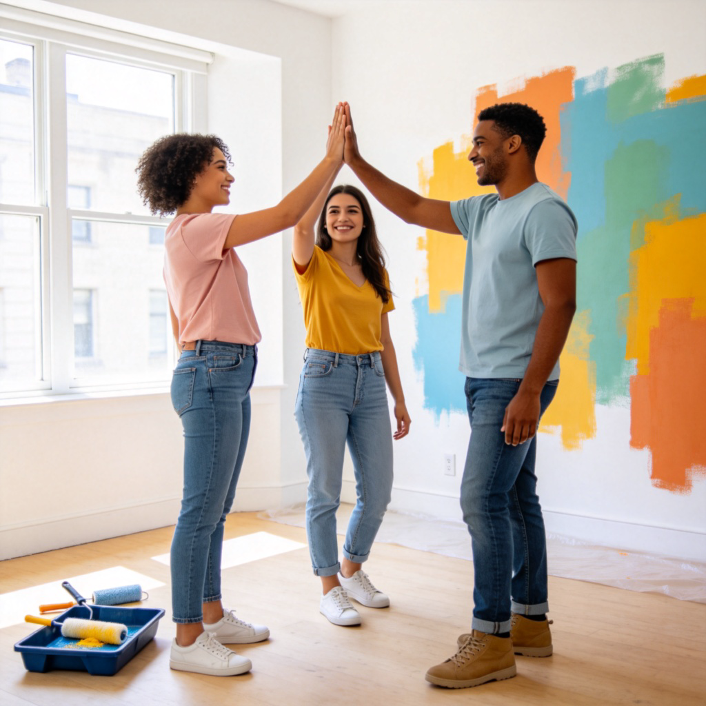 ourselves 含义图解：团队合作完成粉刷的成就感场景