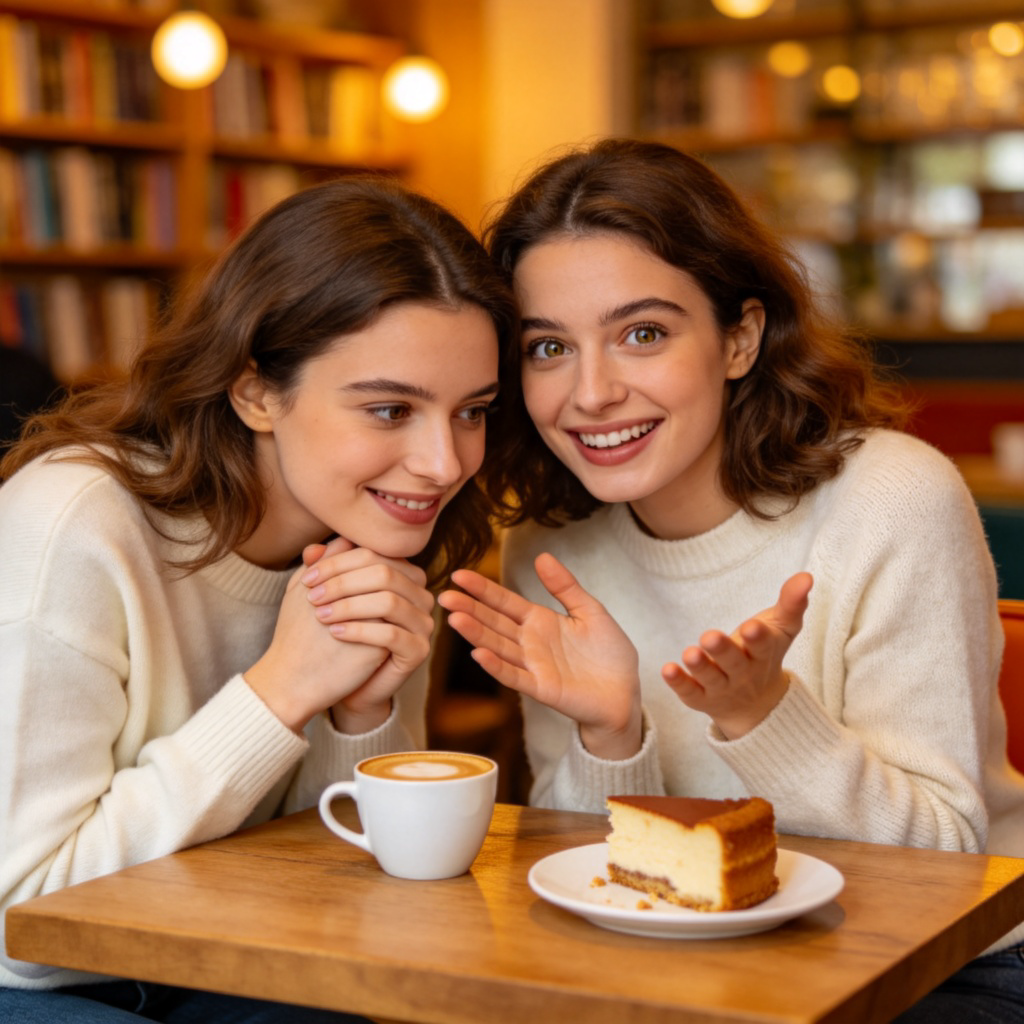 ourselves 彼此含义图解：咖啡馆好友亲密交谈的互动场景