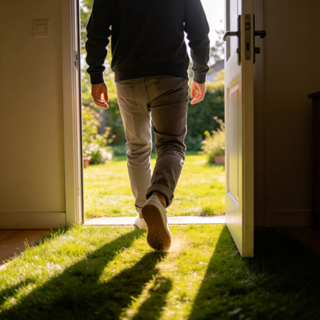 A person is walking through an open doorway from a dimly lit room into a bright, sunny garden. The motion is clear, with one foot already outside on the grass. The focus is on the action of moving from inside to outside. Simple, realistic style. No text.