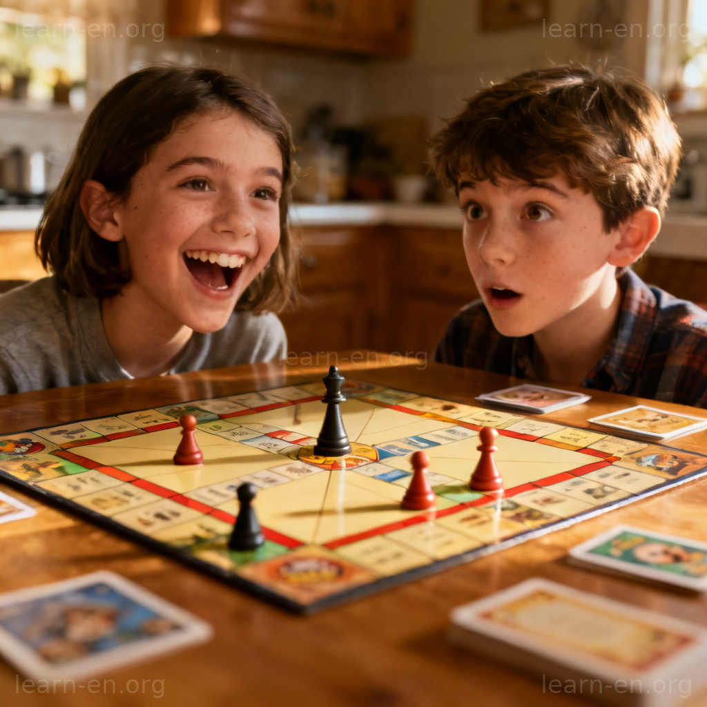 Illustration of outdoing someone: Sibling winning a board game with a triumphant smile.