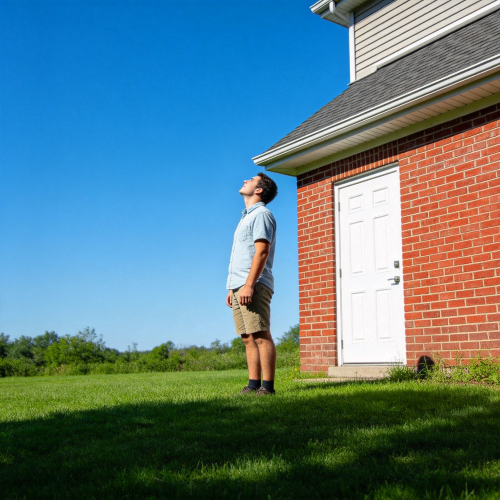 A person standing on a green lawn, looking up at the clear blue sky. Behind them is the red brick wall and a white door of a house, clearly showing they are on the exterior side of the building. Bright sunlight, sharp focus on the contrast between the person outside and the house. No text.
