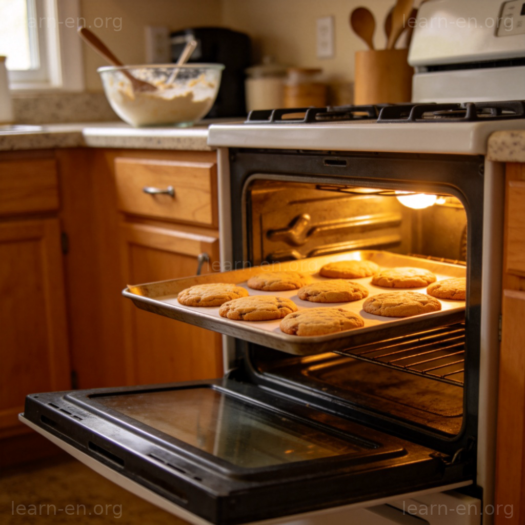 Oven baking golden-brown cookies in a cozy kitchen
