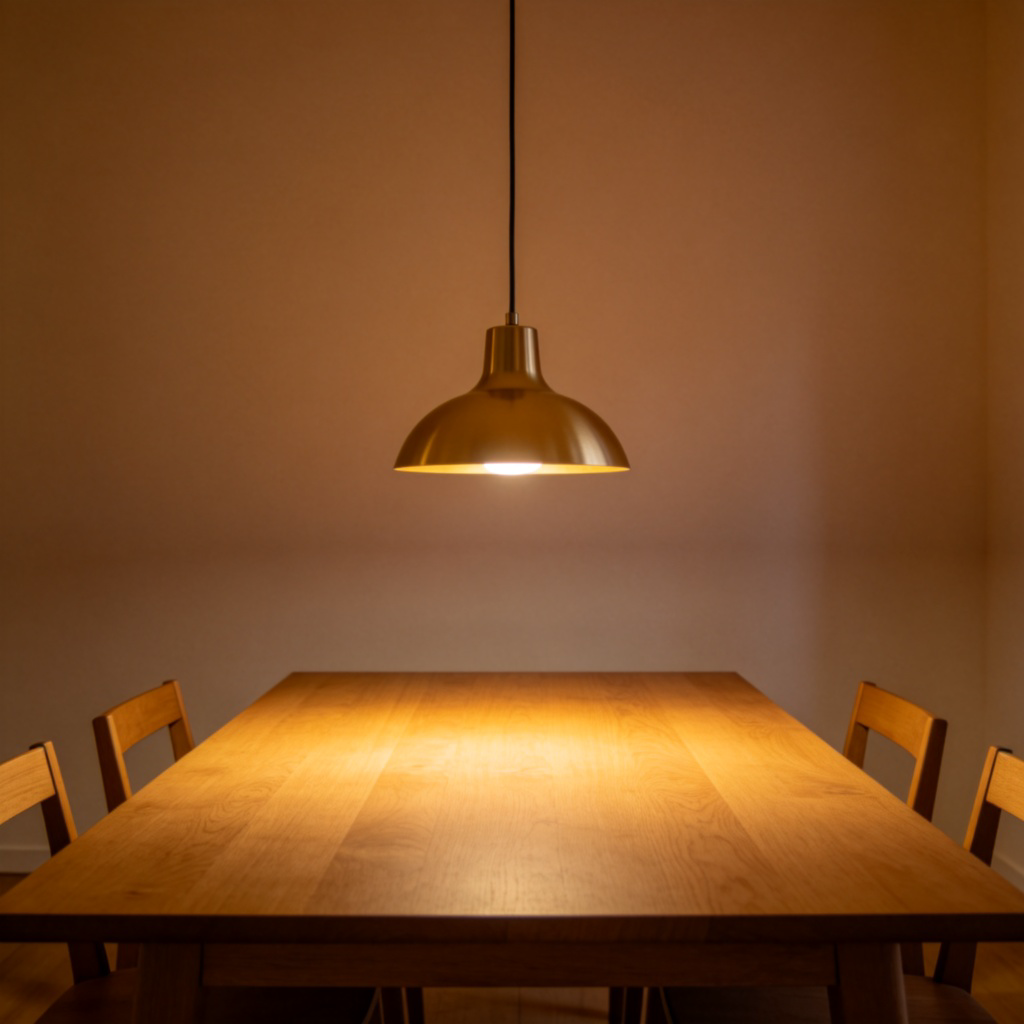 A clear photo of a modern pendant lamp hanging directly over the center of a wooden dining table. The lamp is lit, casting a warm glow on the empty table surface below. The background is a plain wall. The focus is on the spatial relationship between the lamp and the table. No people, no text.