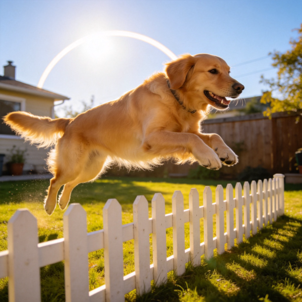 A cheerful golden retriever dog in mid-air, jumping over a low white picket fence in a sunny backyard. The action is captured from the side, showing a clear arc of movement. The grass is green, the sky is blue. The focus is on the dog's dynamic motion over the fence. No text.