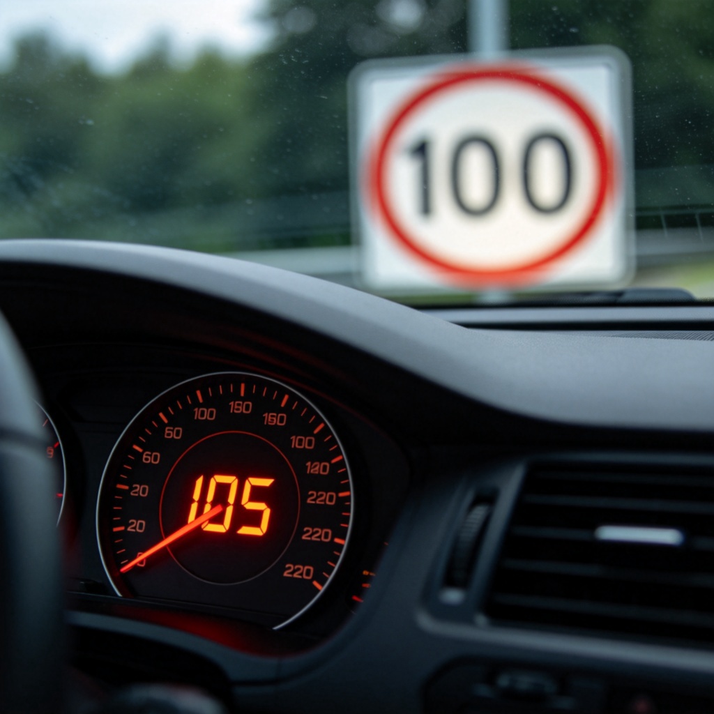 A close-up photo of a digital speedometer in a car dashboard, showing the needle pointing clearly at "105" while the speed limit sign visible through the windshield reads "100". The background is blurred. The image clearly shows a number being exceeded. No text or faces.