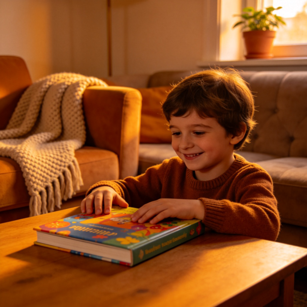 A smiling child closing a colorful storybook with a satisfied look, placing it on a table. The setting is a cozy living room with soft evening light. The closed book symbolizes completion. No text on the book cover, focus on the child's action and expression.