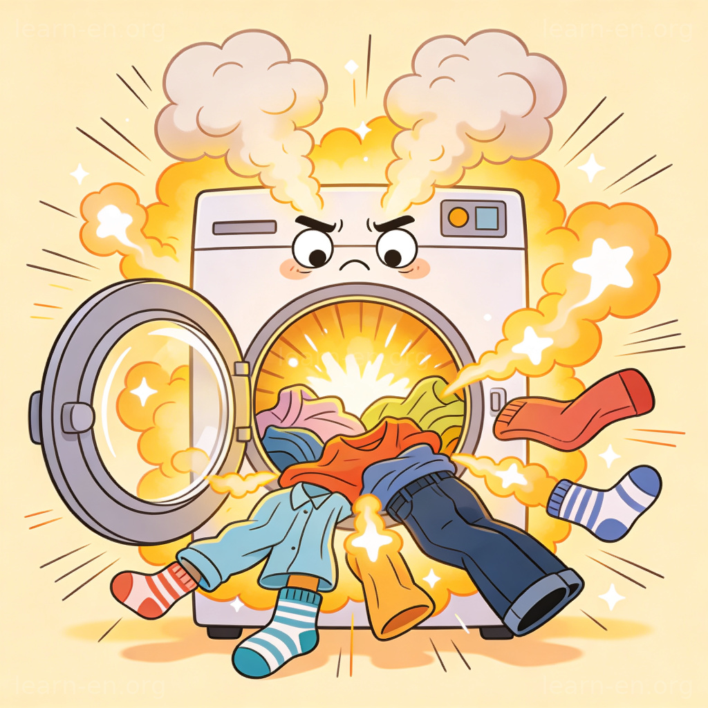 Overloaded washing machine with clothes bursting out