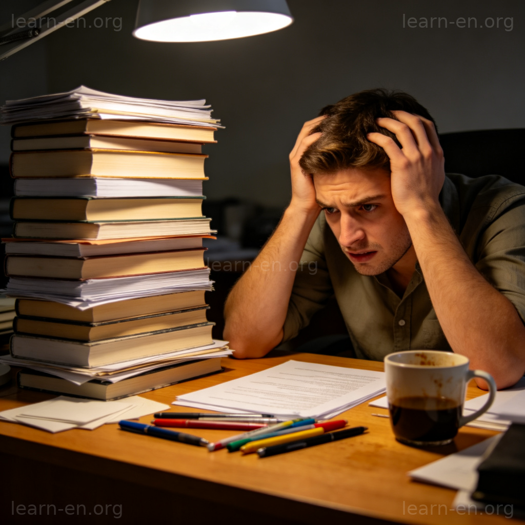 Overwhelmed person sitting at cluttered desk with books and papers