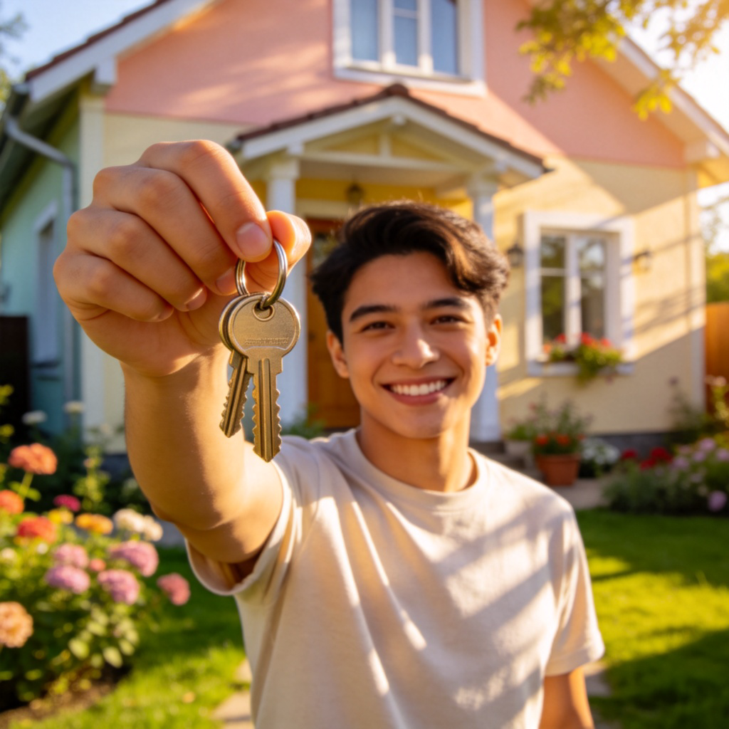 A person of indeterminate gender smiling proudly, holding up a set of house keys in front of a cozy, sunlit home with a small garden. The keys are the clear focus. Warm, natural lighting, photorealistic style. No text or logos.