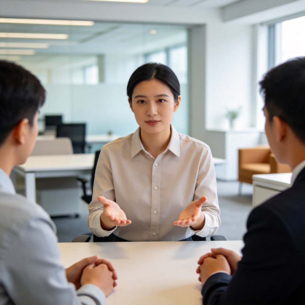 A person looking sincere and calm, with hands open in a gesture of honesty, speaking in a small group meeting in a modern office. Body language conveys responsibility and truth-telling. Clean, well-lit environment. Photorealistic style, no text.