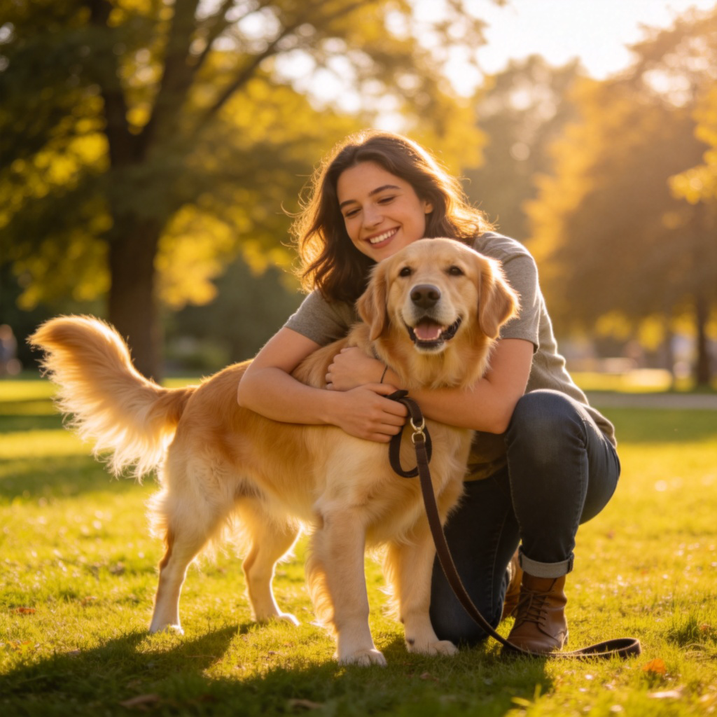 A happy person kneeling in a sunny park, hugging a golden retriever. The person is smiling at the dog, and a leash is loosely held in their hand. The dog is wagging its tail. Clear focus on the person and the dog, green grass and trees in the background. No text.