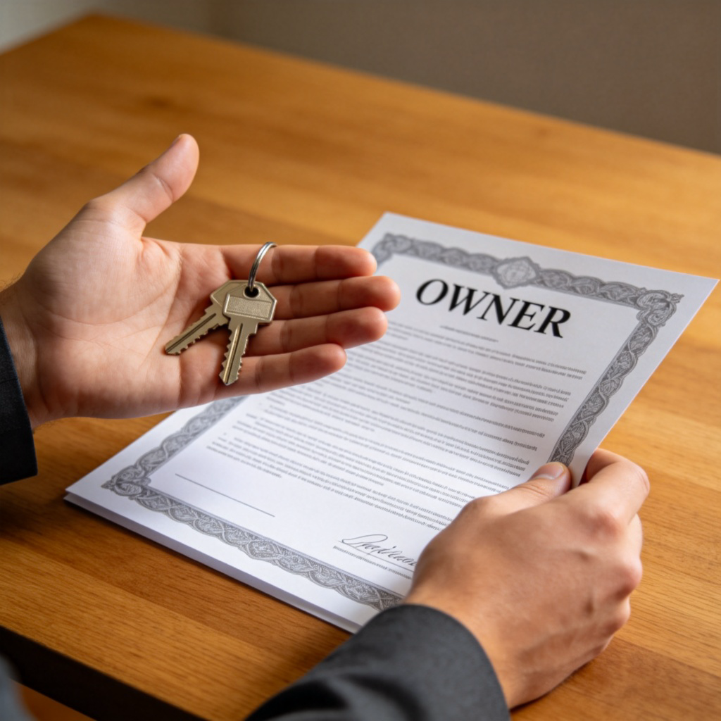 A close-up of a person's hands holding a set of house keys in one hand and a legal property deed or certificate with the word "OWNER" visible in the other. The documents are on a wooden table. Soft, natural lighting, focus on the hands and documents. Plain background. No text or logos on the documents besides the simulated "OWNER" text.