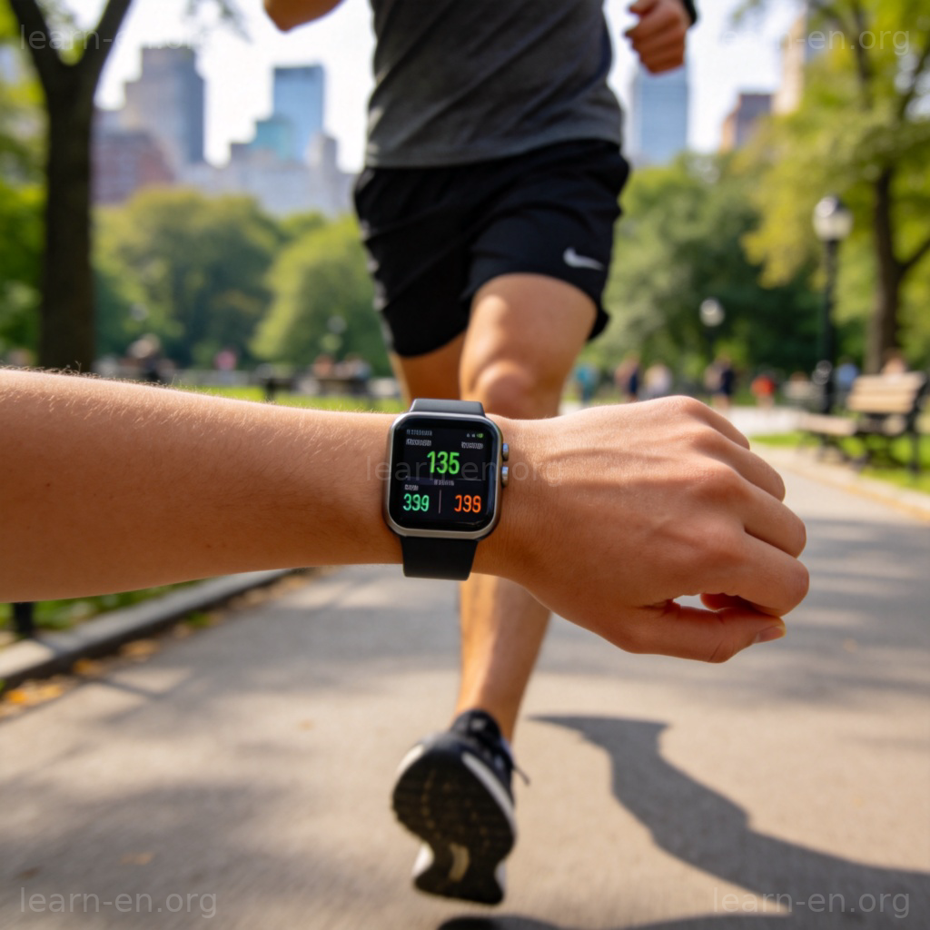 pace 速度含义图解：跑步者查看智能手表上的配速