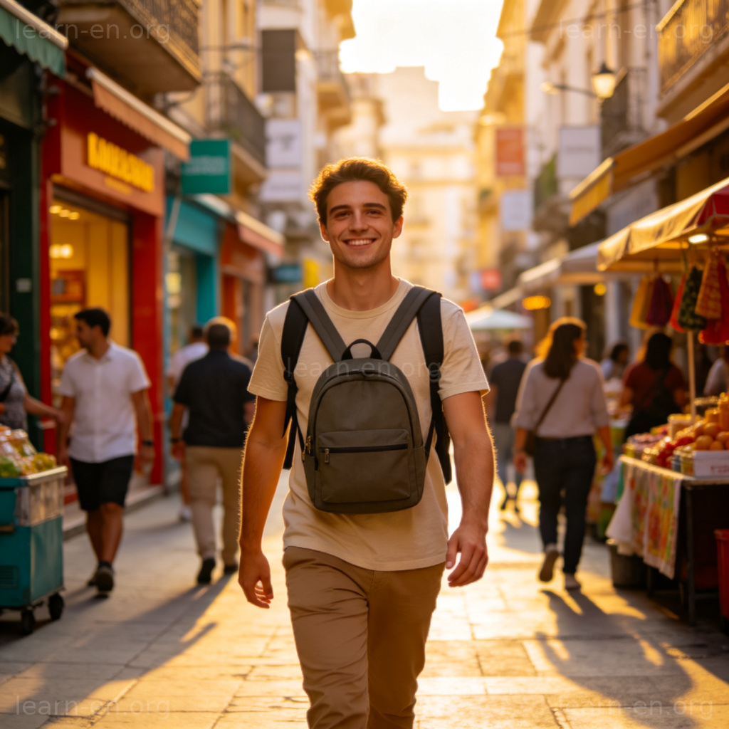 Traveler pack light with small backpack in busy street