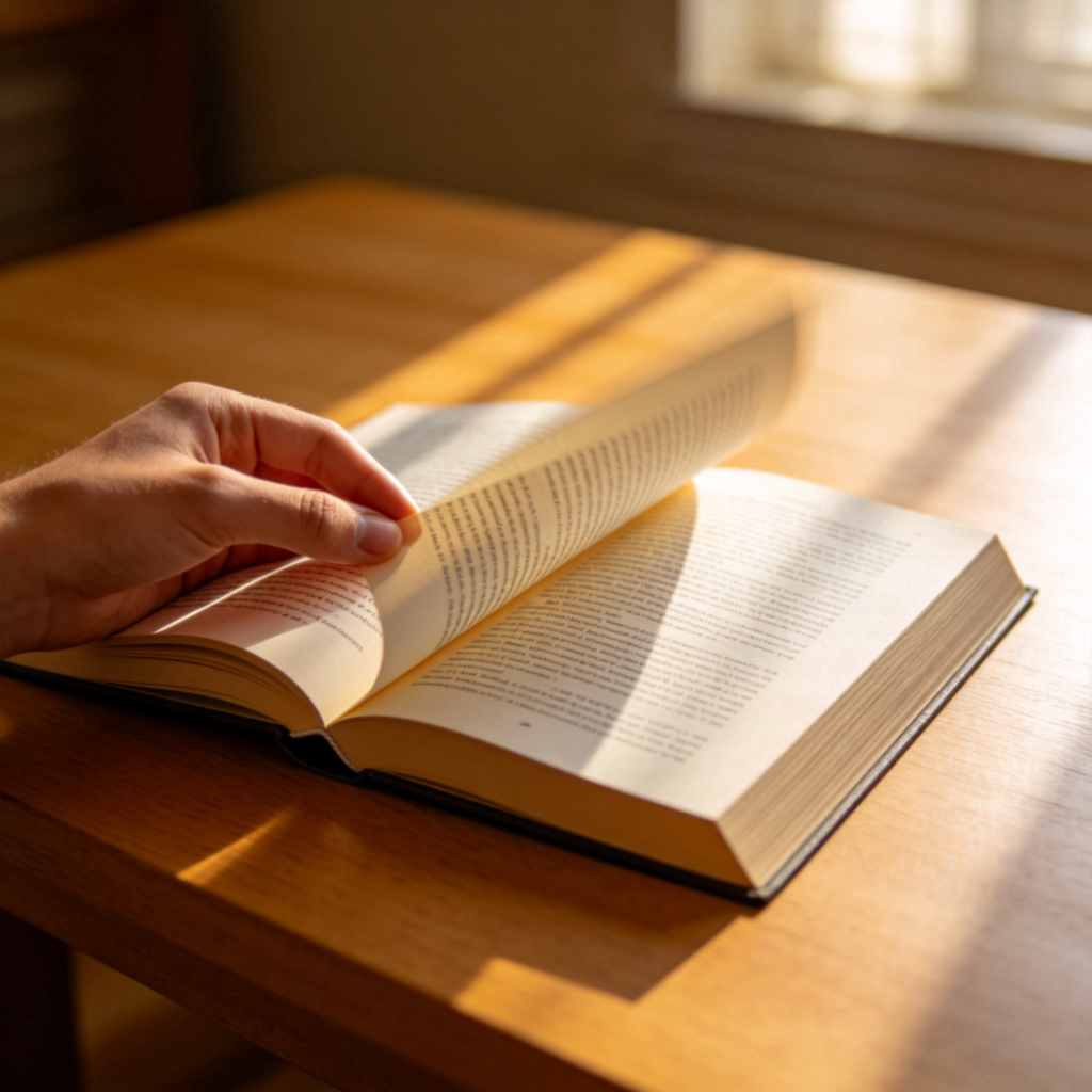 A close-up of a person's hand gently turning the page of an open hardcover book on a wooden table. The focus is on the paper texture, the printed text, and the motion of the page turning. Natural light from a window. No text or logos visible.