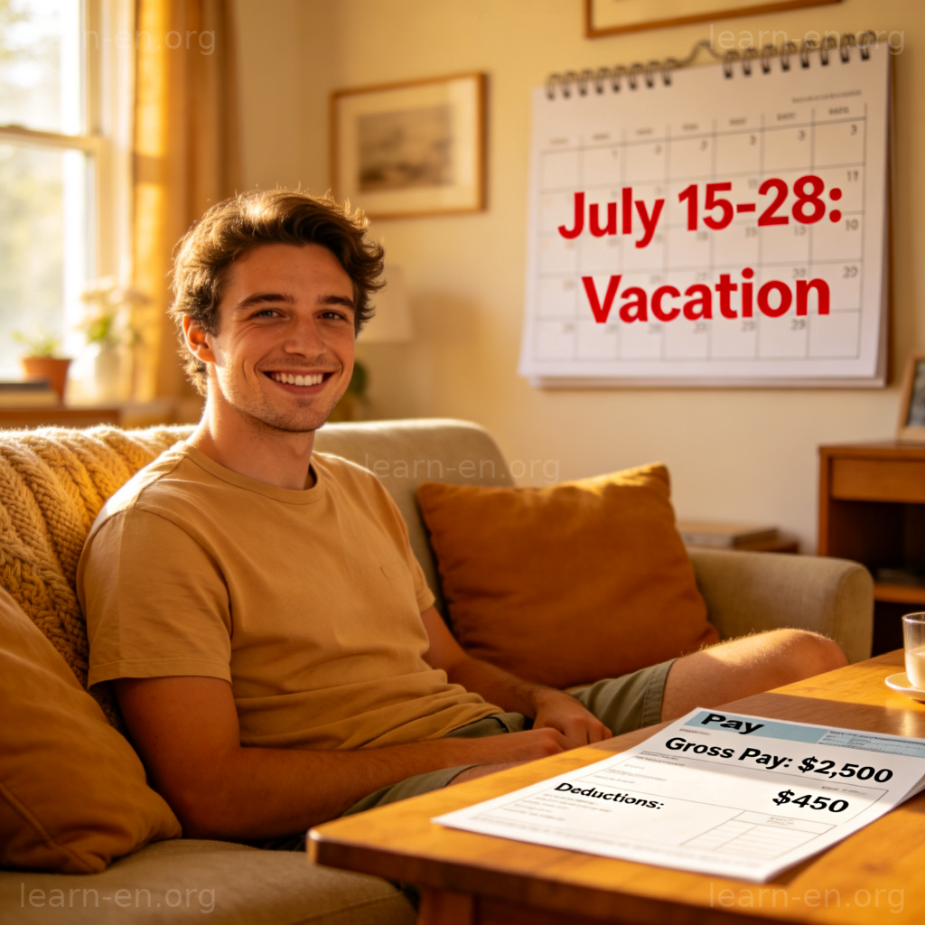 Paid Leave 带薪休假图解：度假人物与日历工资单