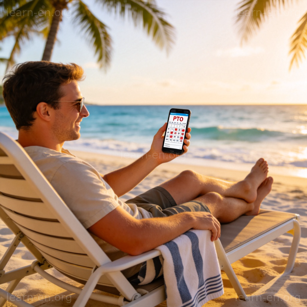 Paid time off 图解：员工在沙滩度假，手机日历显示PTO标记