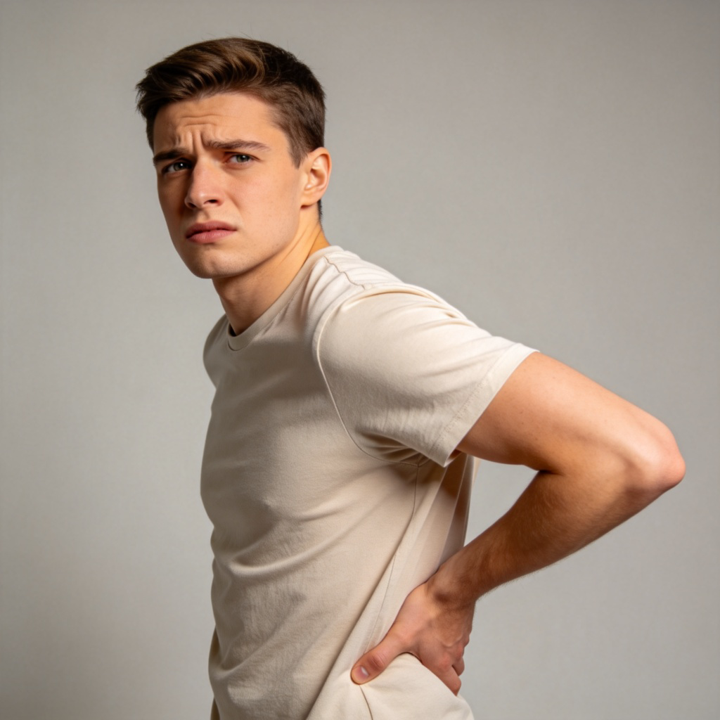 A person with a concerned expression, gently holding and rubbing their lower back while standing up. Clear focus on their face and hand action, against a plain background. Realistic style, showing a moment of physical discomfort.