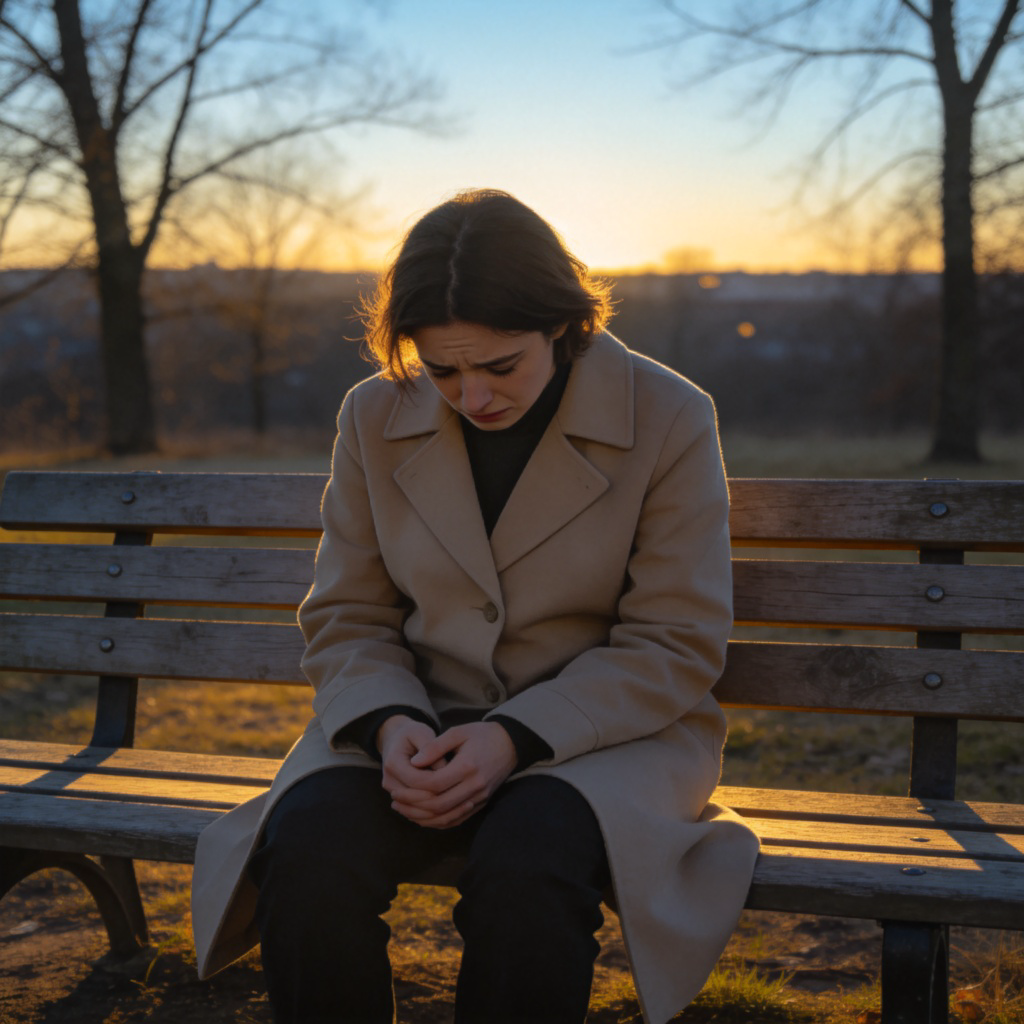 A person sitting alone on a park bench, head slightly bowed, with a sad and thoughtful expression. Soft evening light, empty space around them to emphasize loneliness. Realistic style, conveying a mood of emotional hurt or sadness.