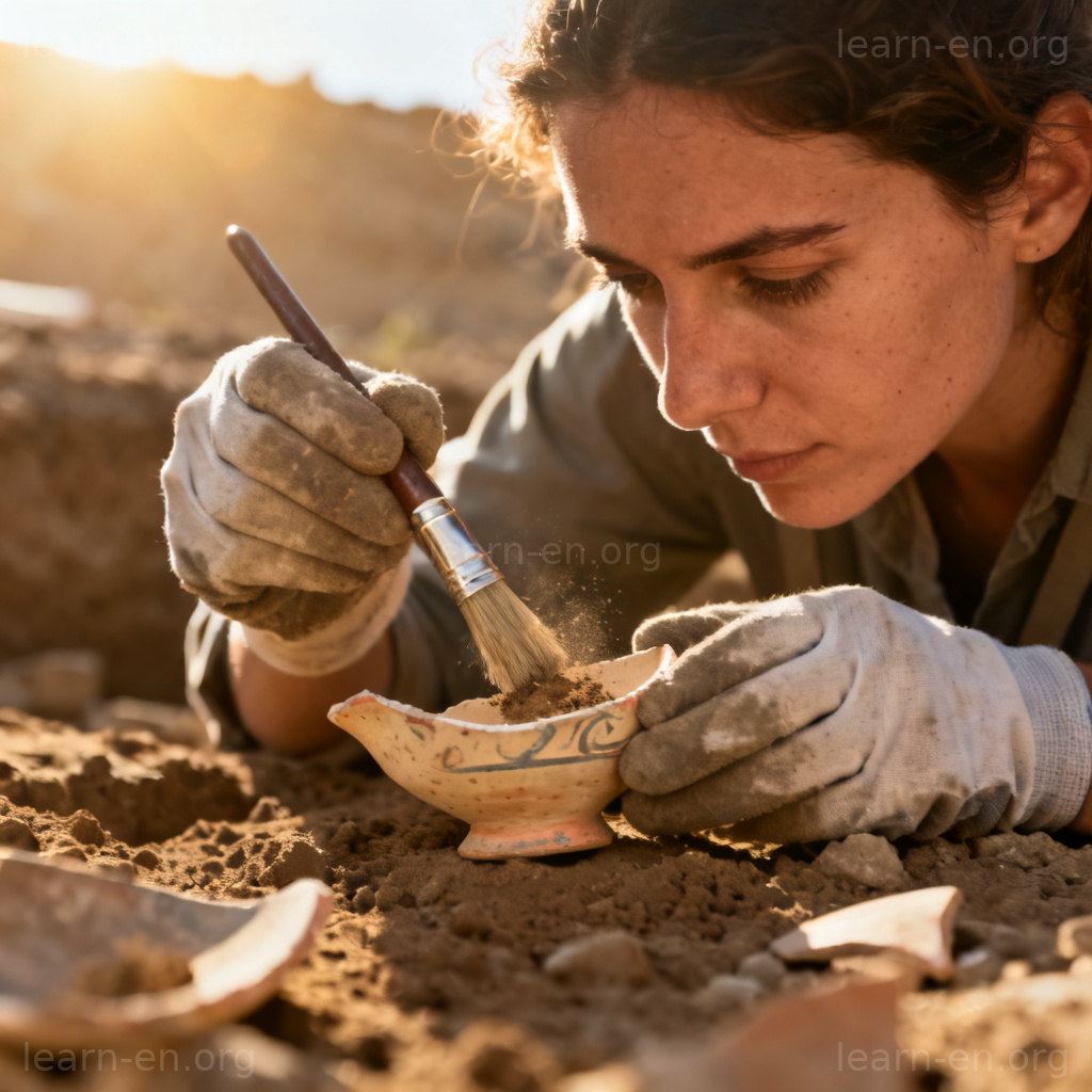 Painstaking effort shown by an archaeologist carefully brushing an ancient artifact.