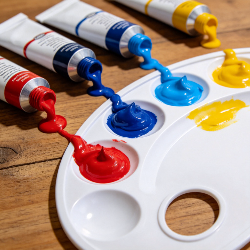 Close-up of several artist's paint tubes lying on a wooden table, with vibrant colors like red, blue, and yellow squeezed out onto a white plastic palette. Bright studio lighting, sharp focus on the paint blobs. No text.
