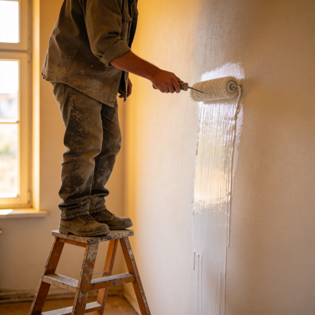 A person wearing old clothes, standing on a small ladder and using a paint roller to apply fresh white paint to a plain wall. The roller is leaving a smooth, wet streak. Natural light from a nearby window. No text.