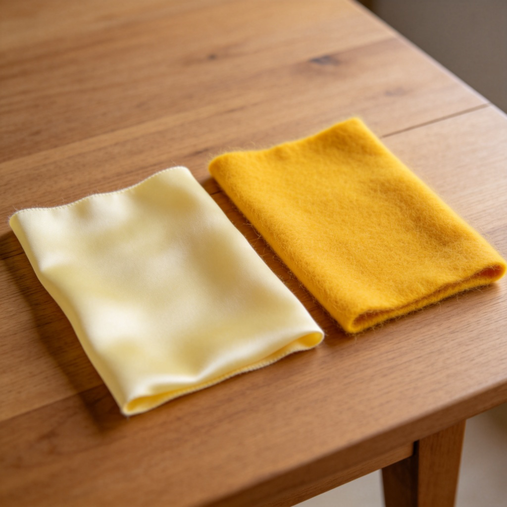 A close-up comparison of two fabric swatches on a wooden table. On the left, a piece of pale yellow silk, its color soft and delicate. On the right, a piece of bright yellow wool for contrast. Natural daylight, focus on the color difference, no text or logos.