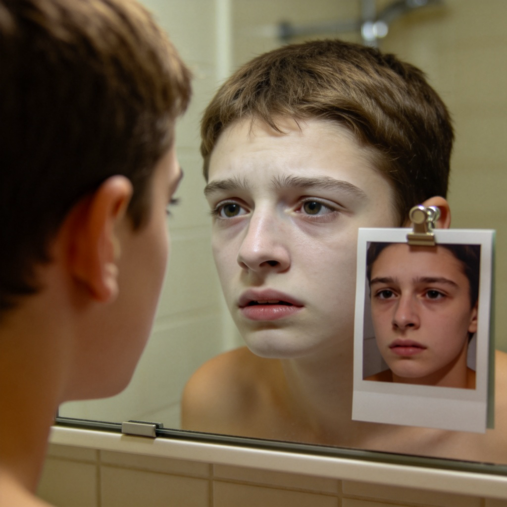 A young person looking into a bathroom mirror, their reflection shows a clearly pale and tired face, contrasted with their normal healthy skin tone in a small photo pinned next to the mirror. The lighting is soft, focus on the concerned expression and lack of color in the face. No text.