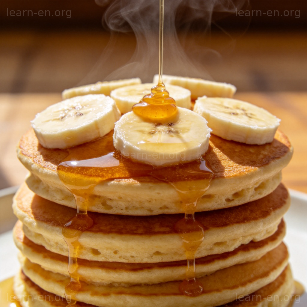Pancake 图解：金黄松软的煎饼堆叠，淋有蜂蜜和香蕉片