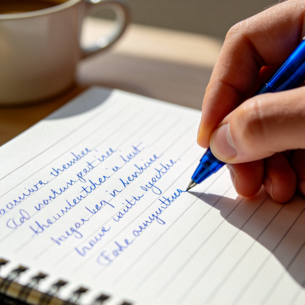 A close-up of a person's hand writing on a crisp, white sheet of lined paper with a blue pen. The focus is on the words being formed and the texture of the paper. A corner of a notebook or a coffee cup is visible in the soft background. No text in the image.